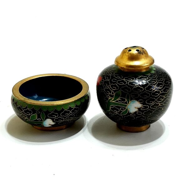 Chinese Cloisonne Open Salt & Pepper Vintage Enamel Brass Floral Black Red Blue - Picture 2 of 7